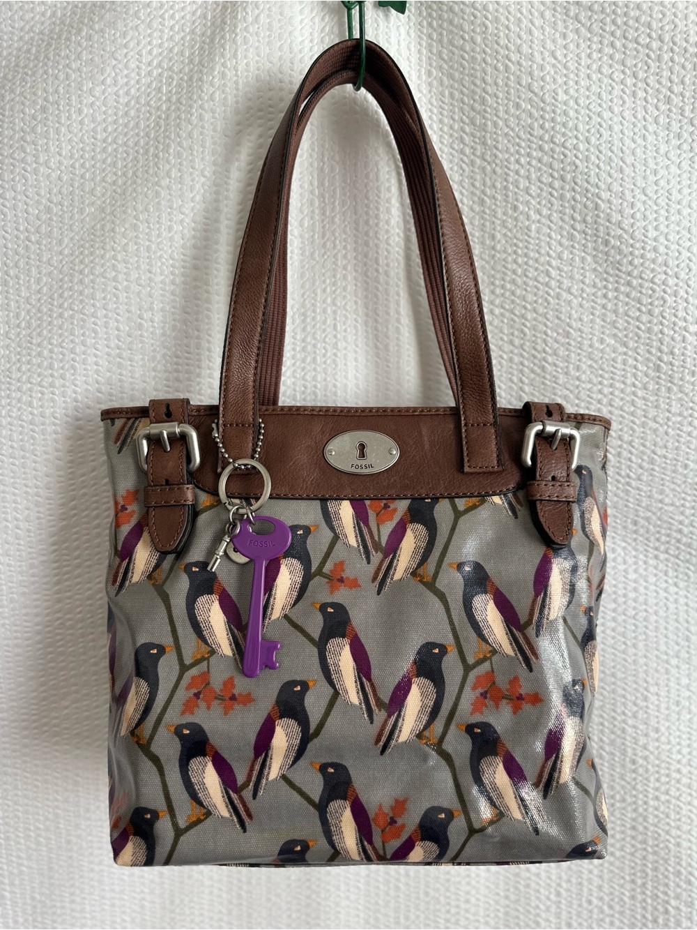 Fossil Key-Per Bird Print Tote Shoulder Bag Brown Leather Canvas Y2K Key Charm